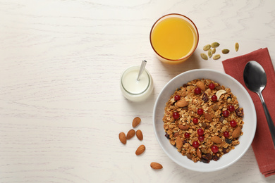 Photo of Tasty healthy breakfast served on white wooden table, flat lay. Space for text