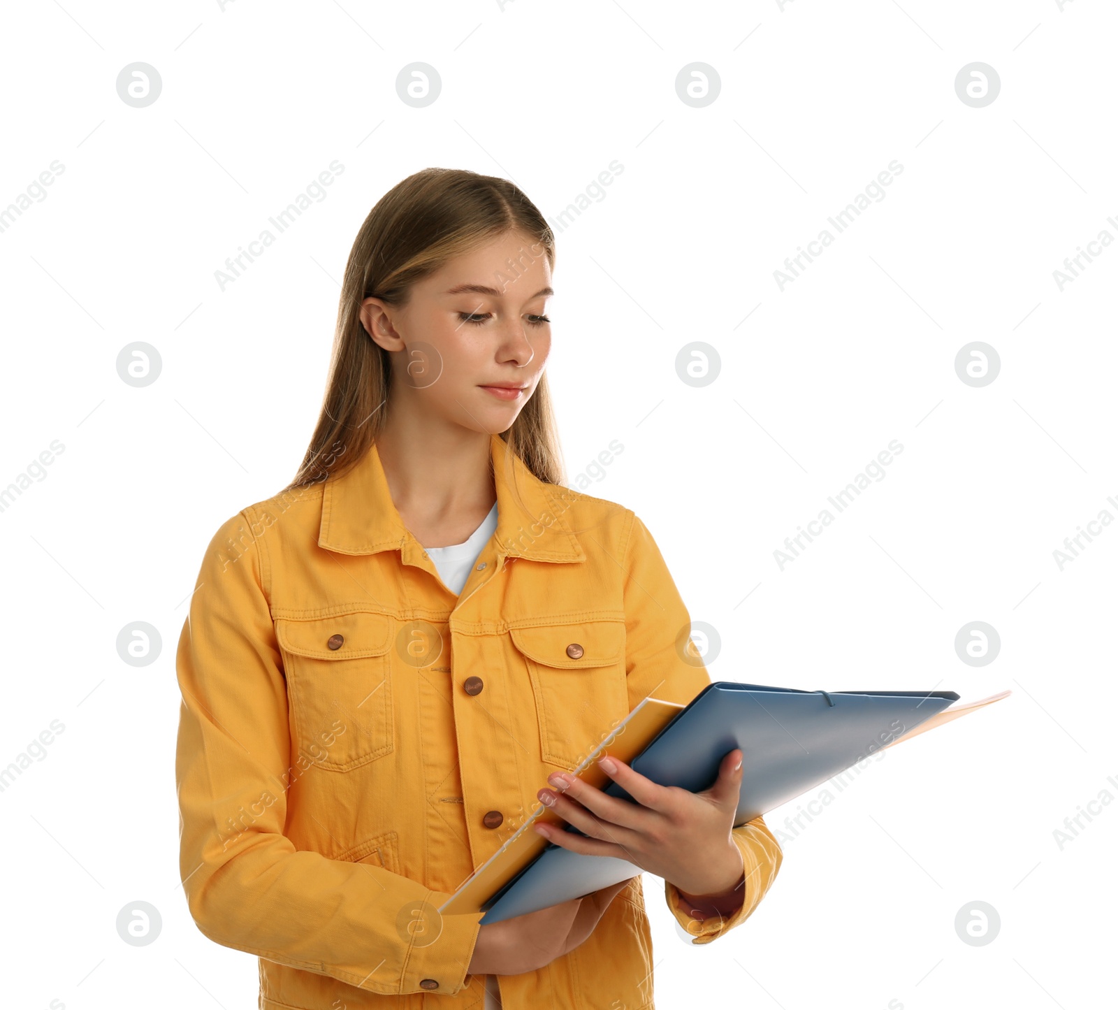 Photo of Teenage student holding stationery on white background