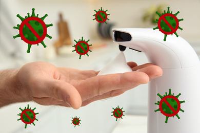 Image of Man using automatic soap dispenser indoors, closeup. Washing hands during coronavirus outbreak