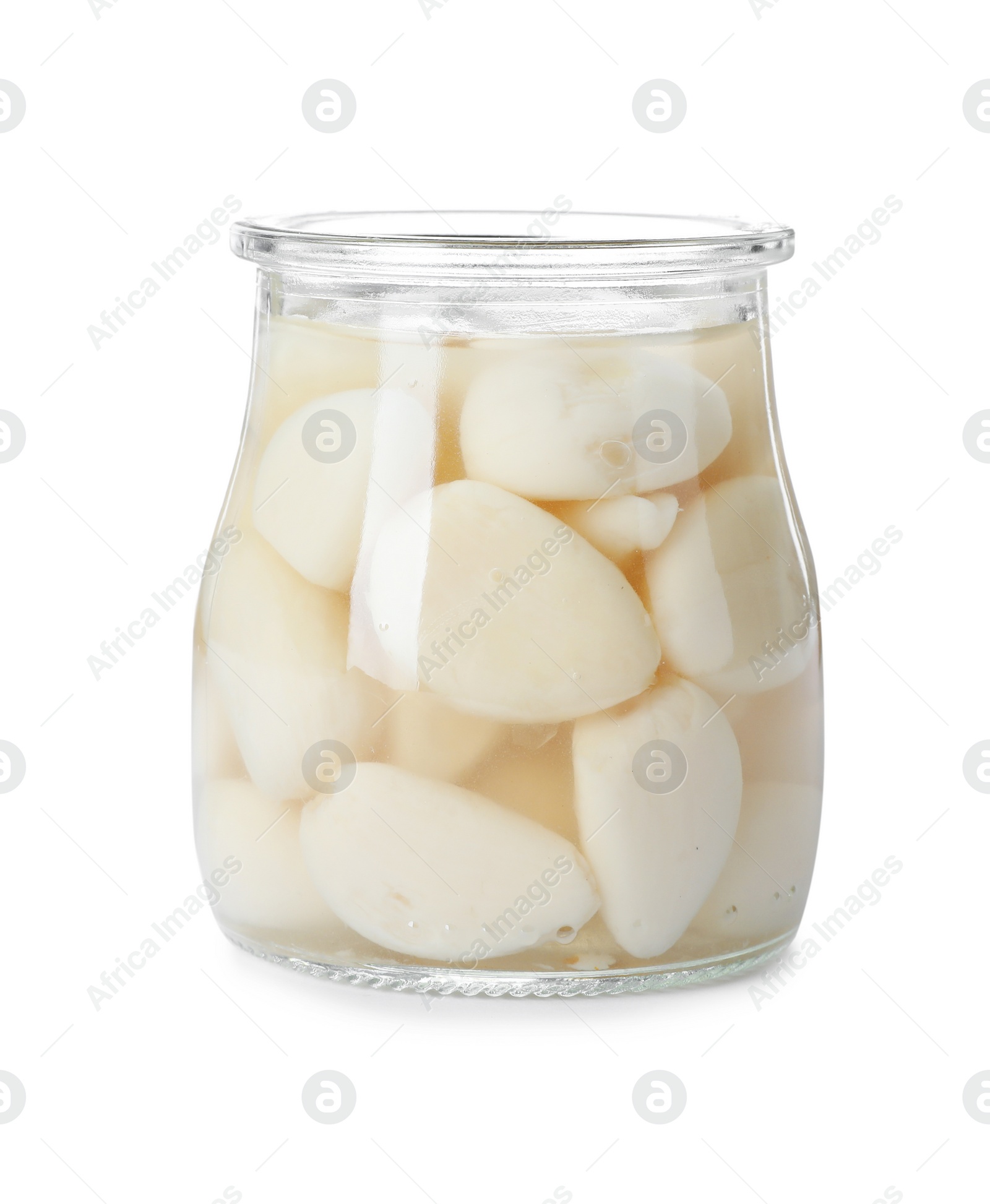 Photo of Glass jar with preserved garlic on white background