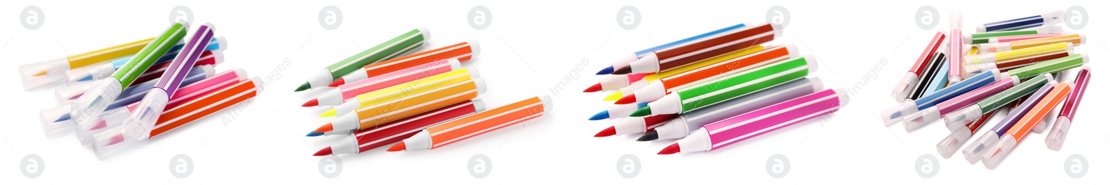 Image of Collage of many colorful felt tip pens on white background