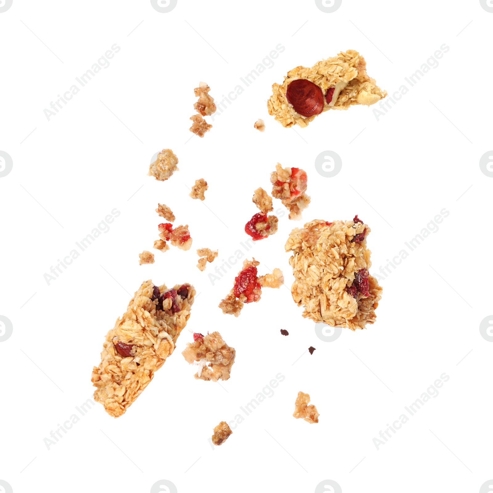 Image of Granola bar breaking in air on white background