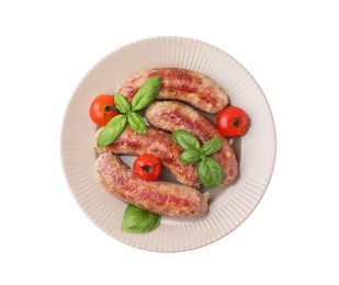 Photo of Plate with tasty homemade sausages, basil leaves and tomatoes on white background, top view