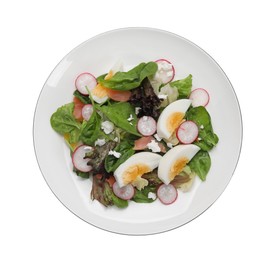 Photo of Delicious salad with boiled egg, radish and cheese isolated on white, top view
