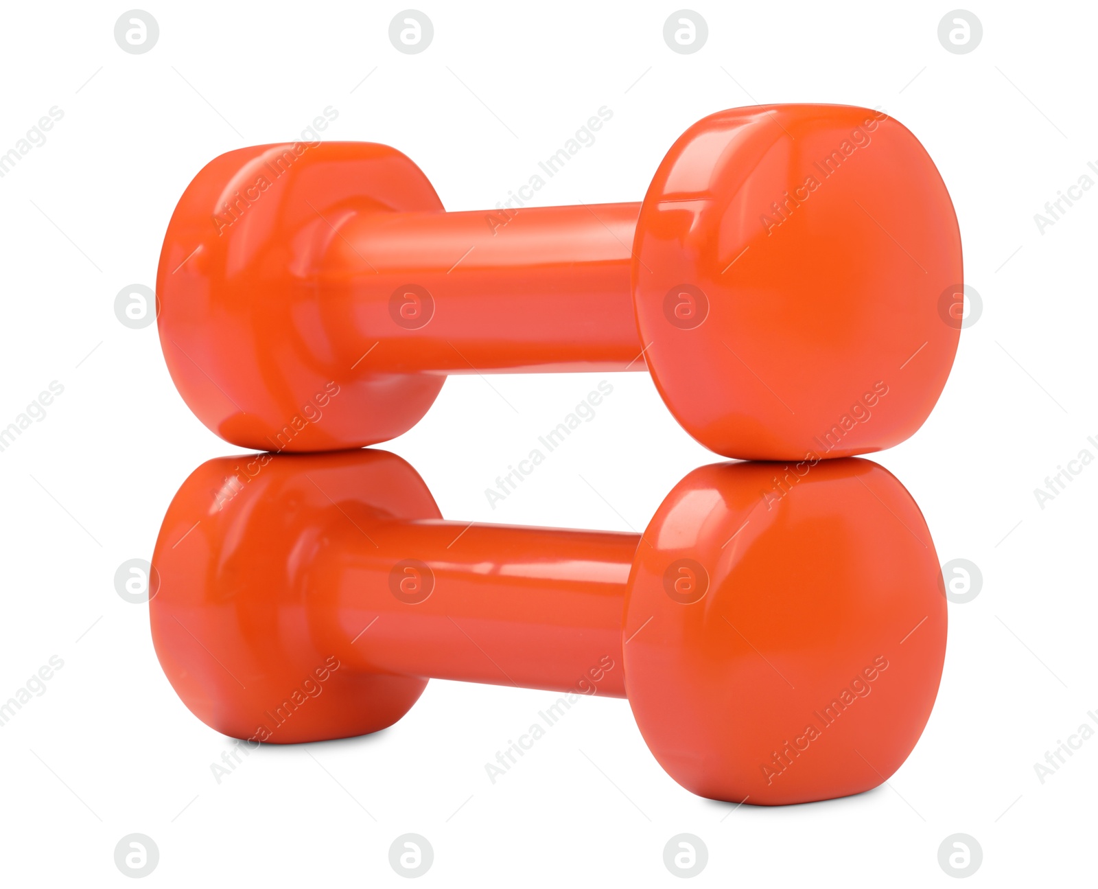 Photo of Orange dumbbells isolated on white. Sports equipment