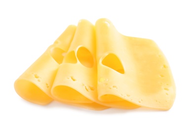 Photo of Slices of tasty maasdam cheese on white background