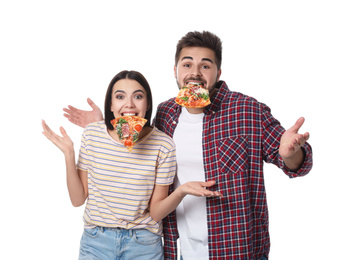 Happy couple with pizza isolated on white