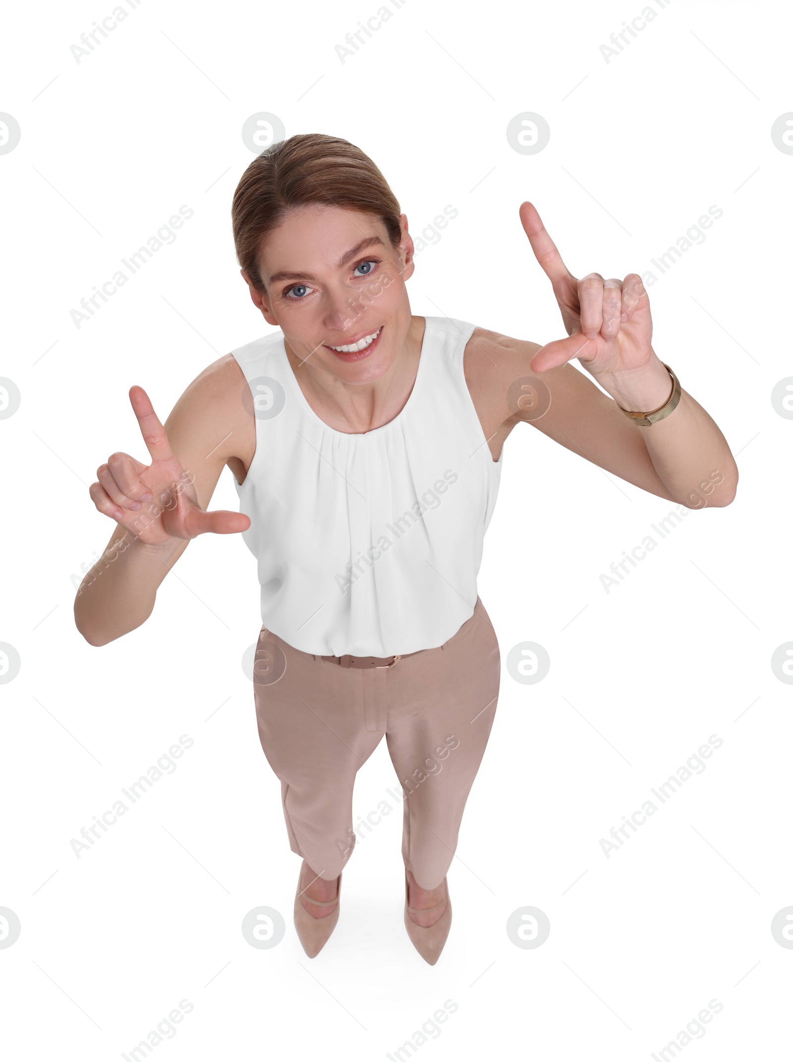 Photo of Beautiful happy businesswoman on white background, above view