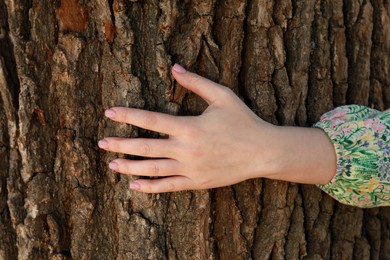 Photo of Young woman hugging tree trunk, closeup view