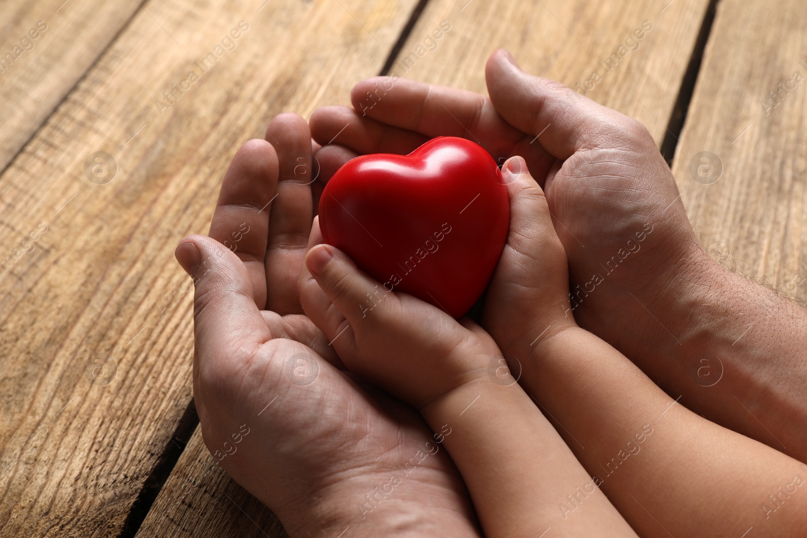 Photo of Father and his child holding red decorative heart at wooden table, closeup