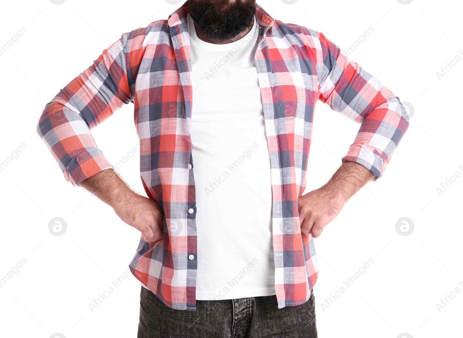 Photo of Fat man on white background, closeup. Weight loss