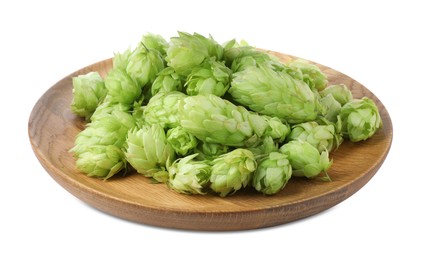 Photo of Many fresh green hops on white background