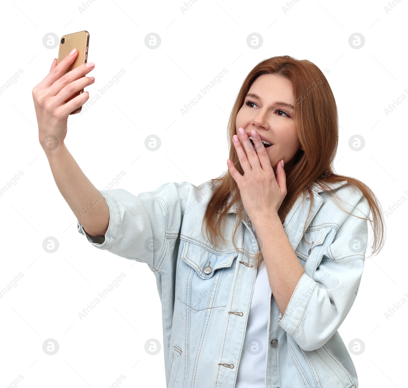 Photo of Beautiful woman taking selfie on white background