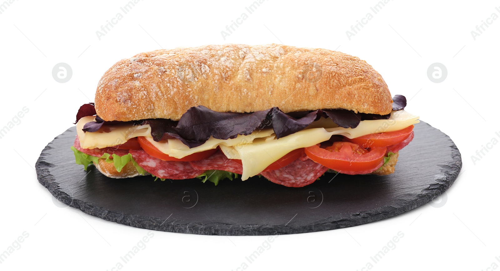 Photo of Delicious sandwich with cheese, salami, tomato isolated on white