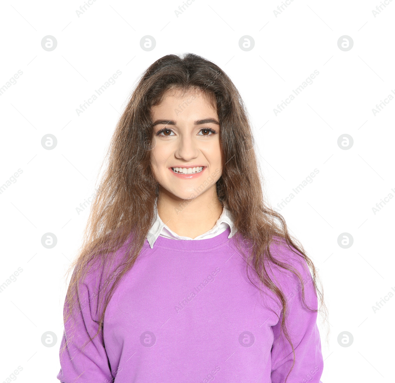 Photo of Beautiful young woman in stylish clothes on white background