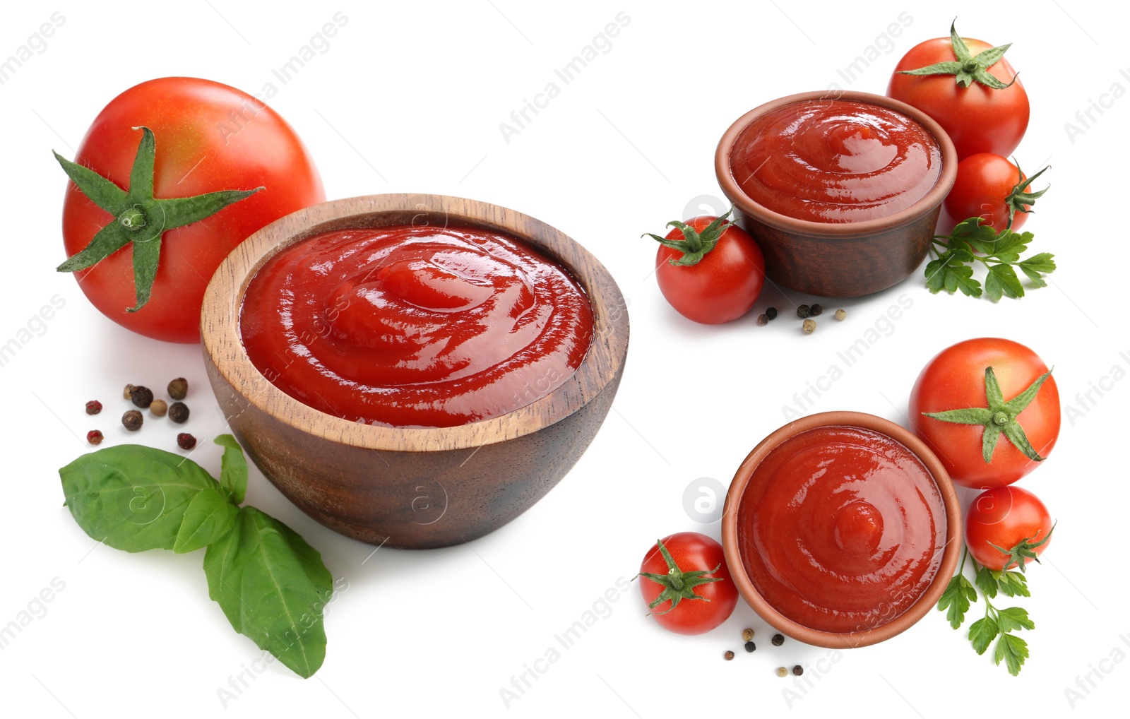Image of Collage of tasty ketchup in bowls, fresh tomatoes and spices isolated on white. Red sauce