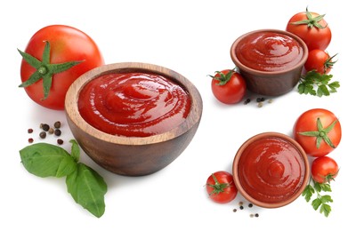 Collage of tasty ketchup in bowls, fresh tomatoes and spices isolated on white. Red sauce