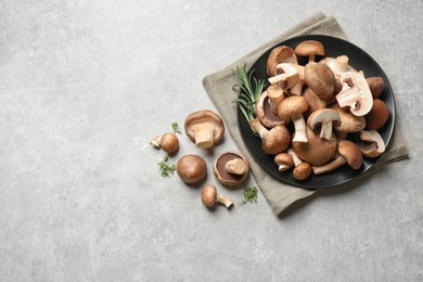 Photo of Flat lay composition with fresh wild mushrooms on light grey table. Space for text