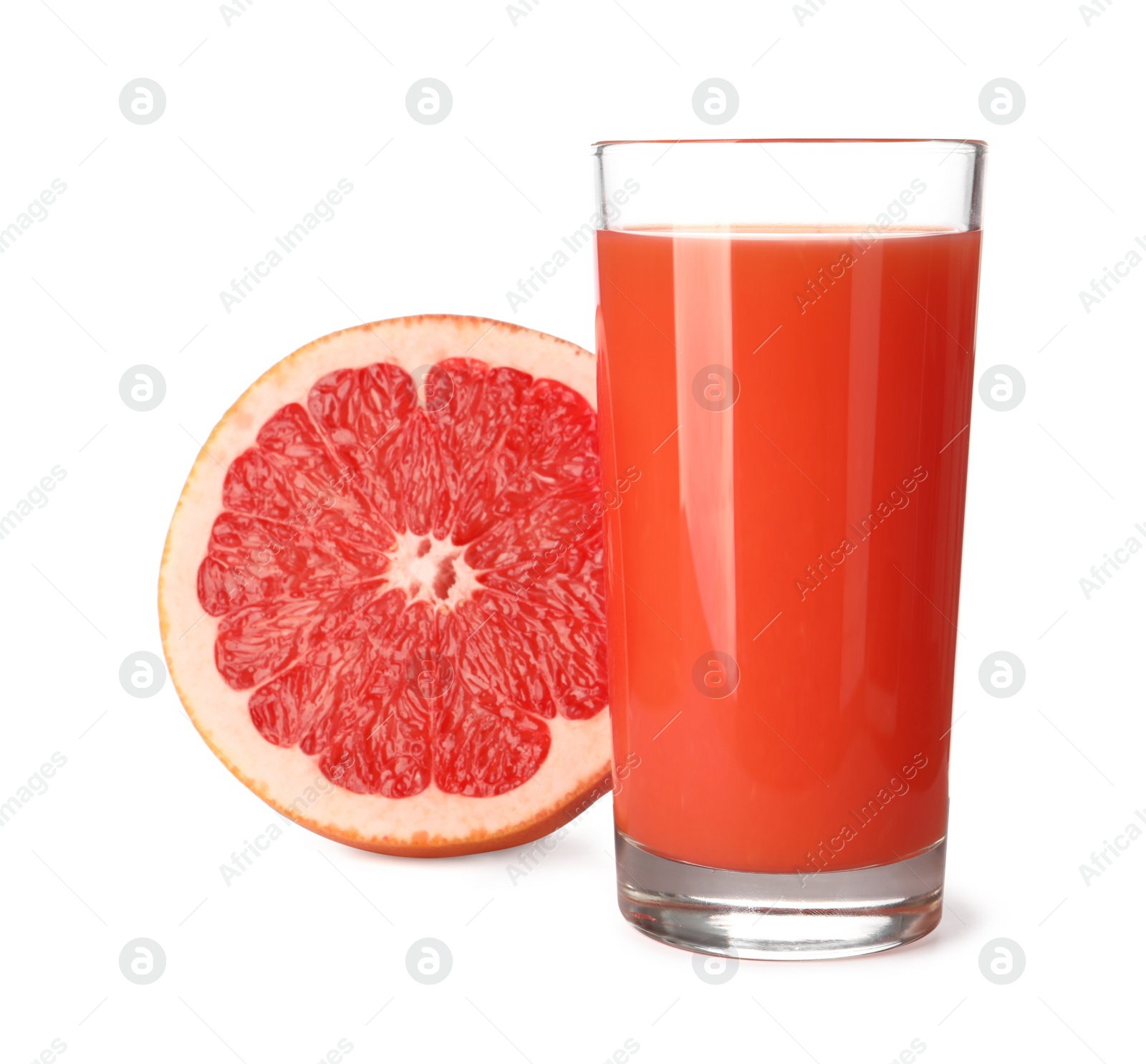 Photo of Tasty grapefruit juice in glass and fresh fruit isolated on white