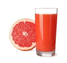 Tasty grapefruit juice in glass and fresh fruit isolated on white