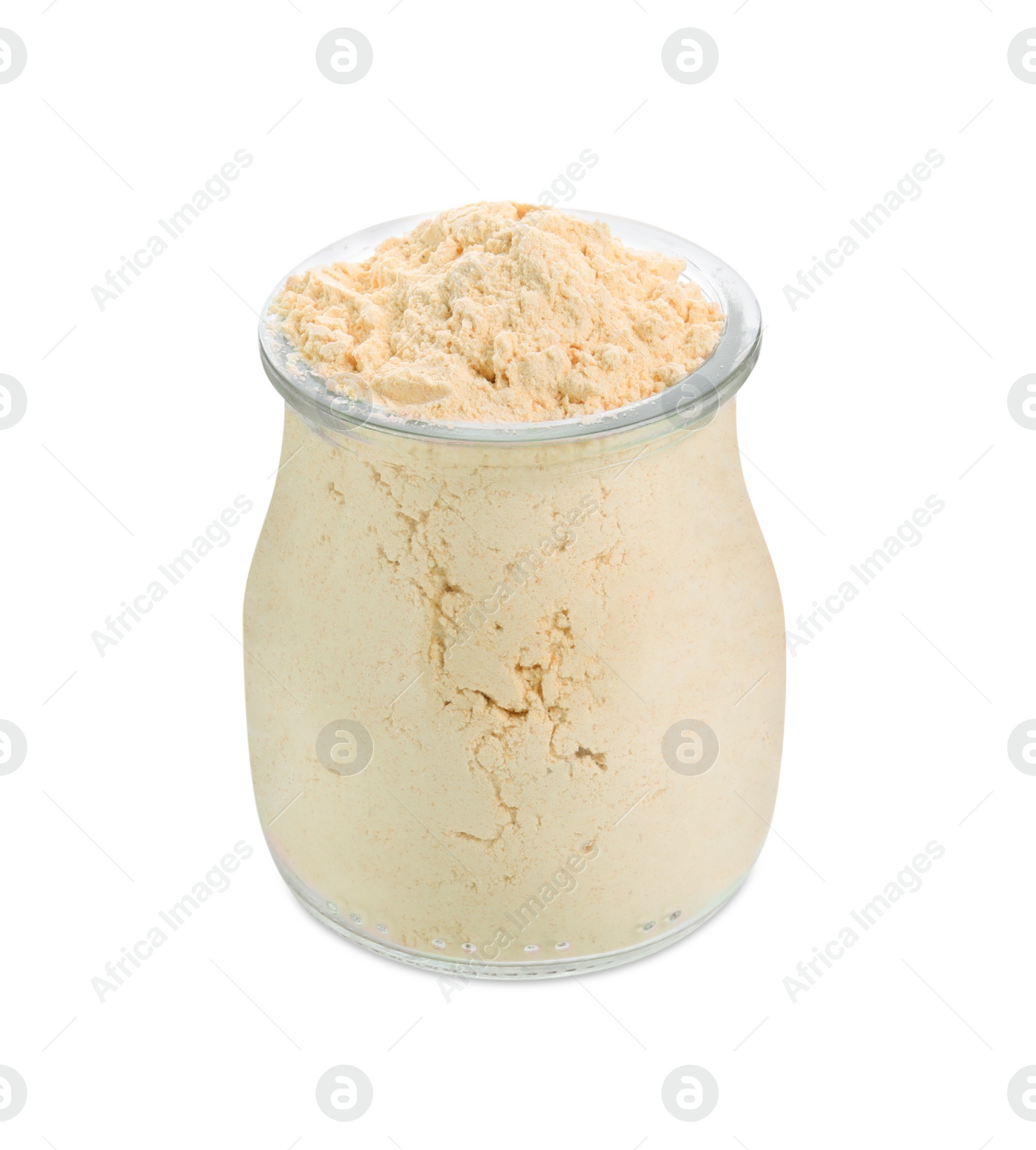 Photo of Lentil flour in glass jar isolated on white