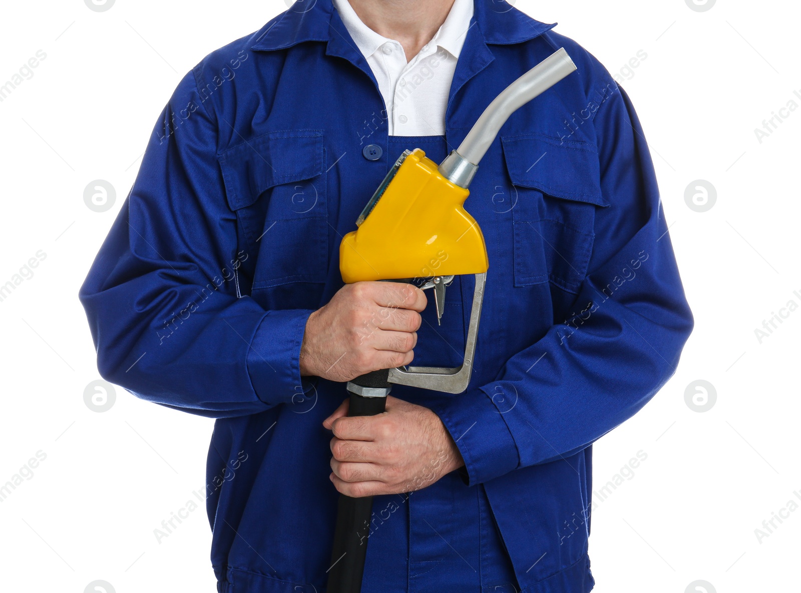 Photo of Gas station worker with fuel nozzle on white background, closeup