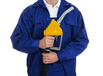 Gas station worker with fuel nozzle on white background, closeup