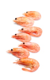 Photo of Raw shrimps on white background. Fresh seafood