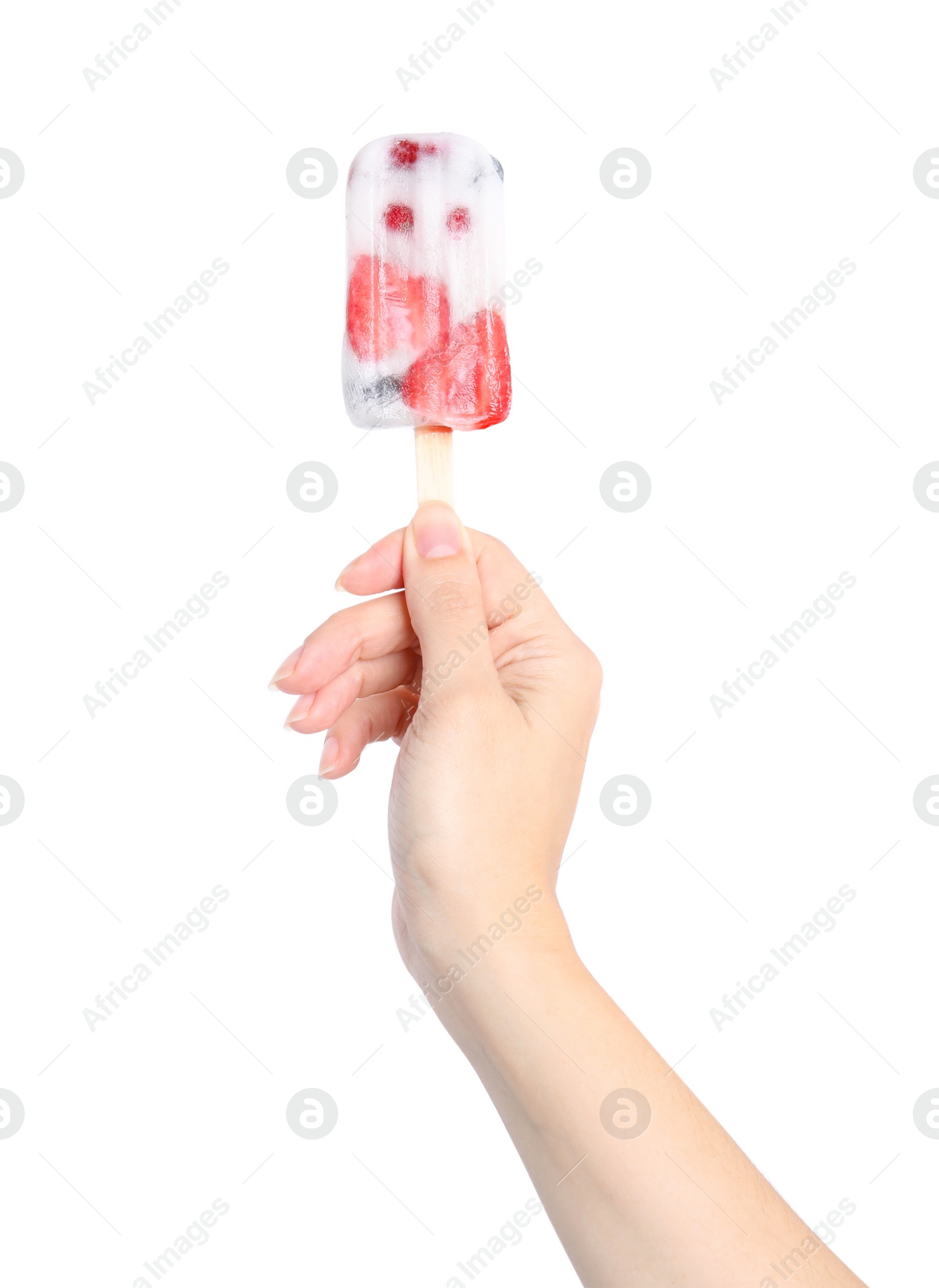 Photo of Woman holding berry popsicle on white background, closeup