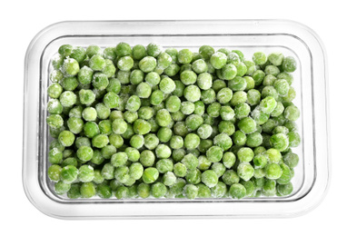 Photo of Frozen peas in plastic container isolated on white, top view. Vegetable preservation