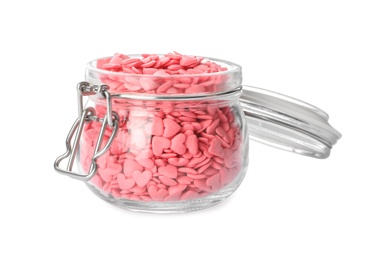 Photo of Sweet candy hearts in jar on white background