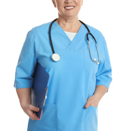Mature doctor with clipboard and stethoscope on white background, closeup