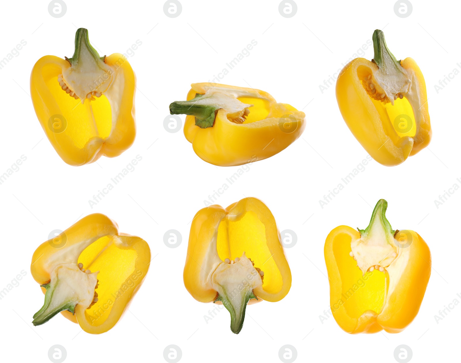 Image of Set of cut ripe yellow bell peppers on white background