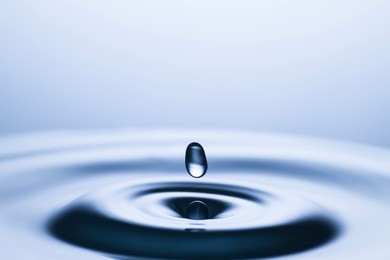 Drop falling into clear water on light grey background, closeup