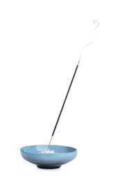 Incense stick smoldering in holder on white background