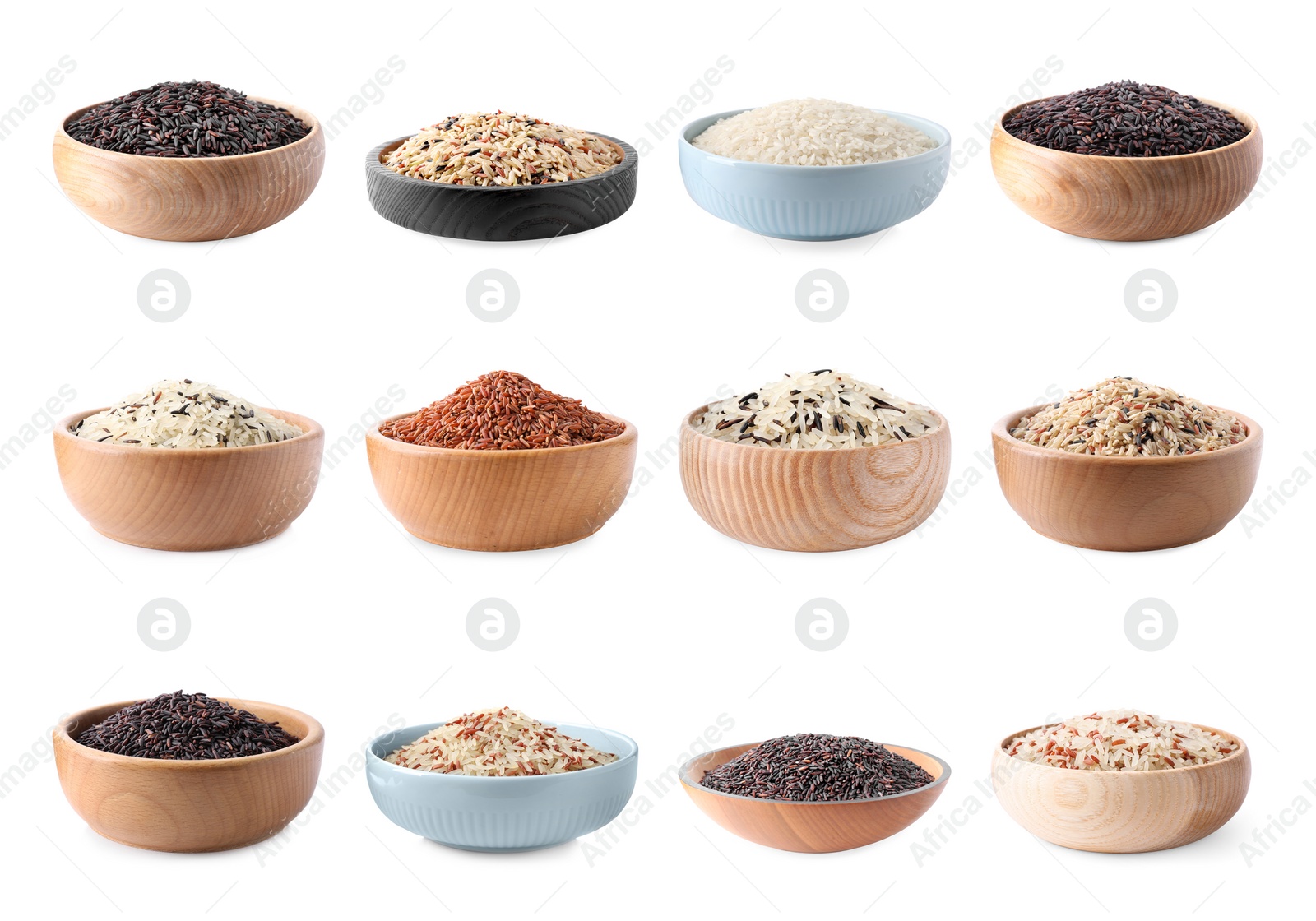 Image of Set with different types of rice in bowls on white background