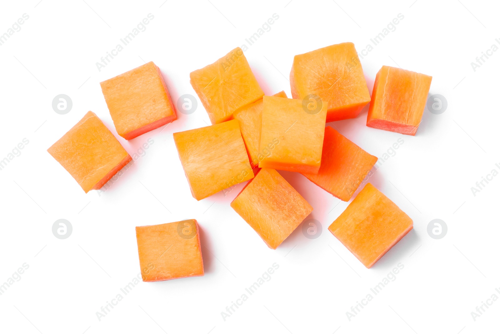 Photo of Fresh ripe diced carrot on white background, top view