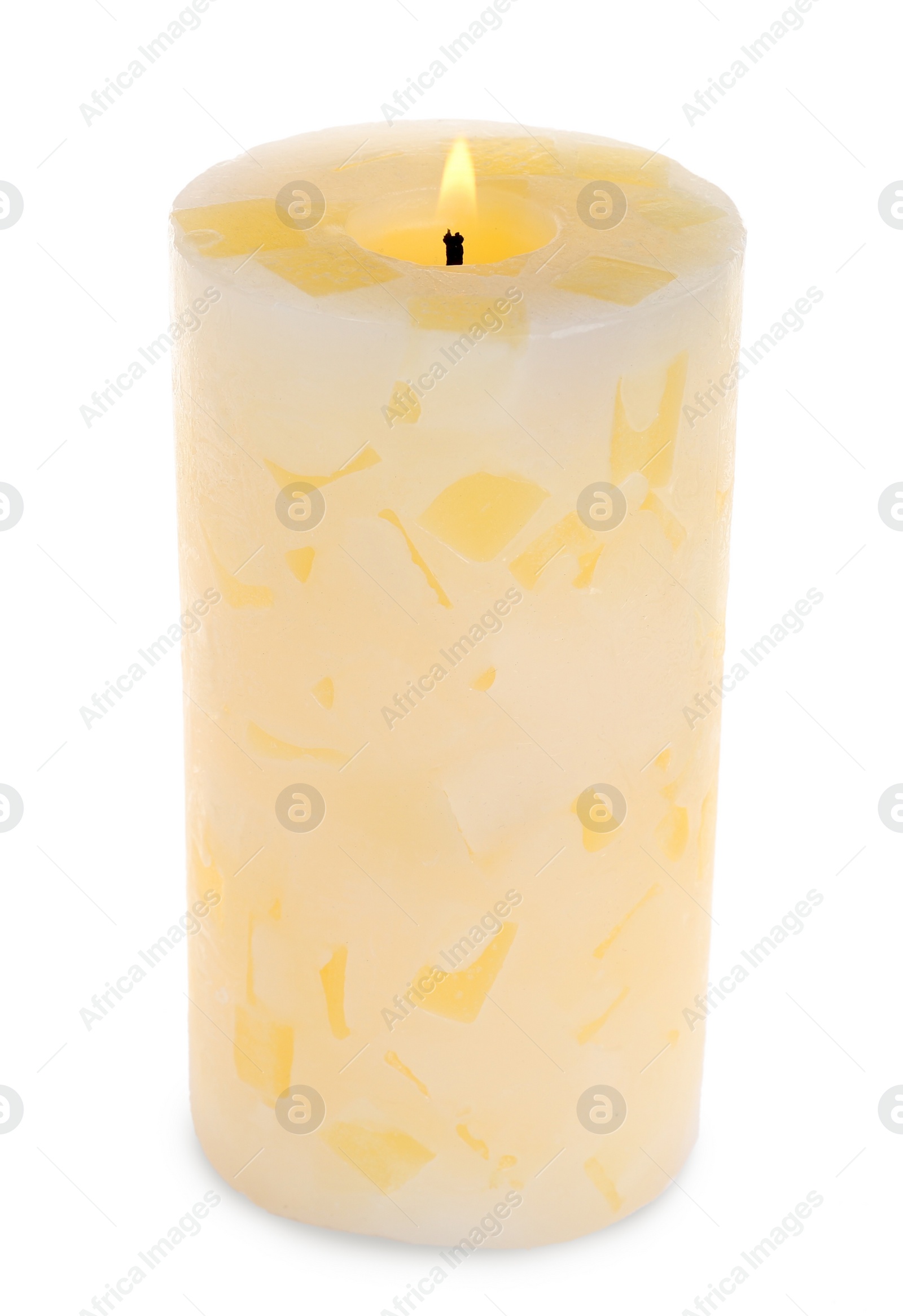 Photo of New pillar wax candle burning on white background