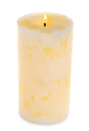 New pillar wax candle burning on white background