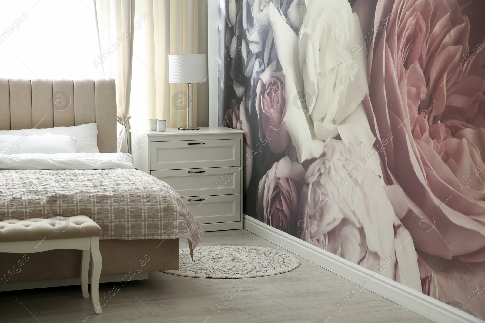 Photo of Beautiful floral photoart work used as wallpaper in bedroom interior