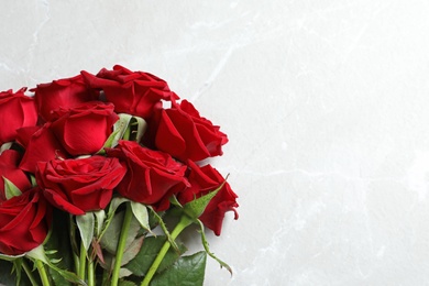 Beautiful red rose flowers on light background, top view