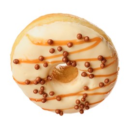 Photo of Sweet tasty glazed donut with crispy balls isolated on white
