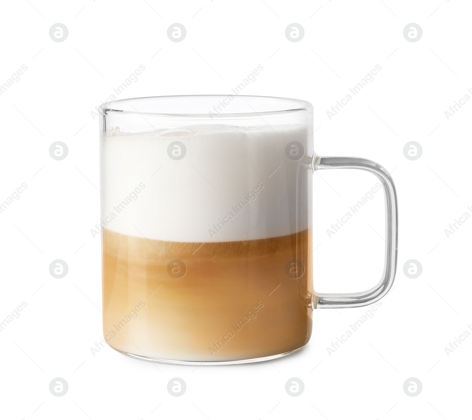 Photo of Aromatic coffee in glass mug isolated on white