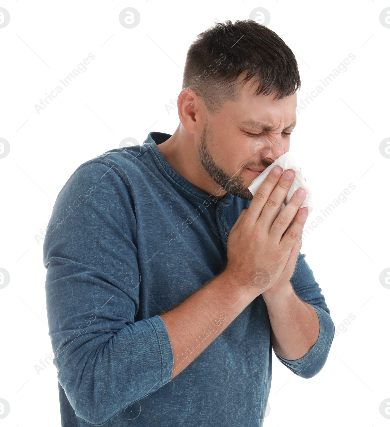 Photo of Man suffering from allergy on white background