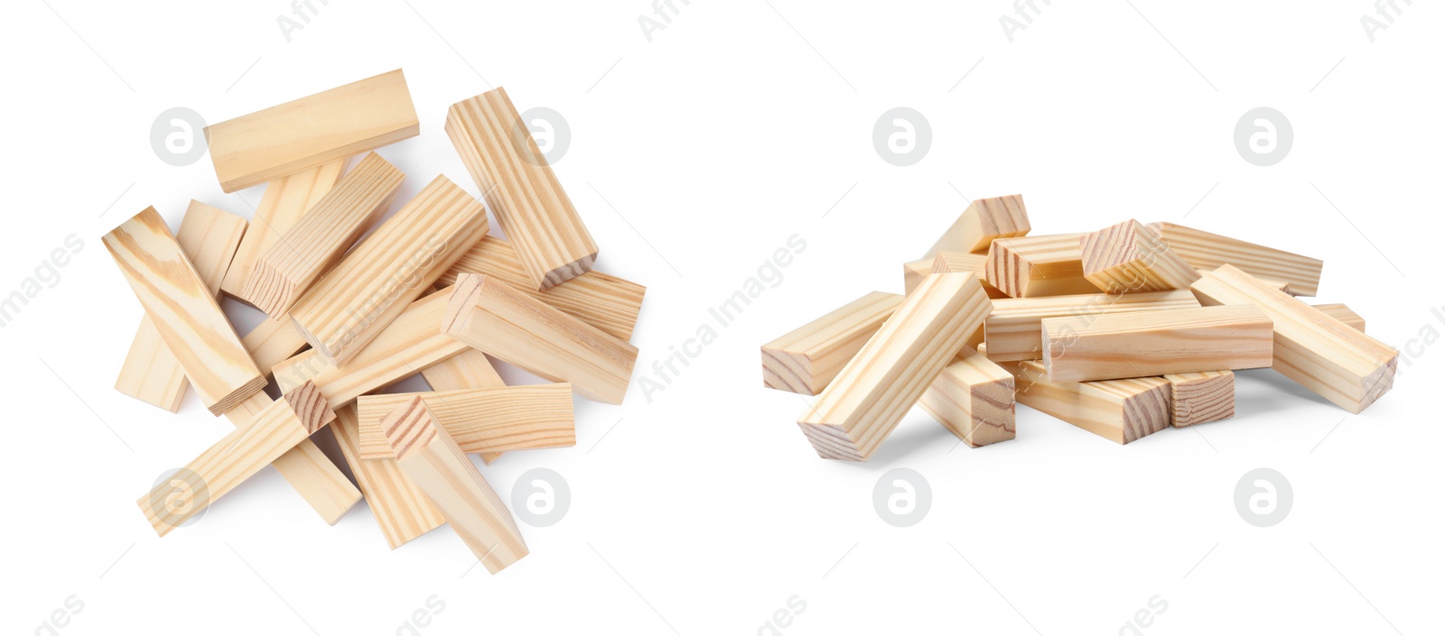 Image of Pile of wooden blocks for Jenga tower on white background, different angles