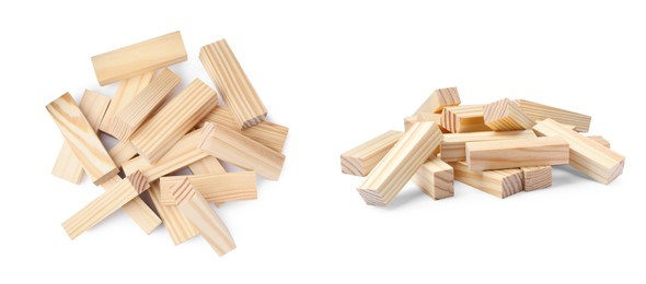 Image of Pile of wooden blocks for Jenga tower on white background, different angles