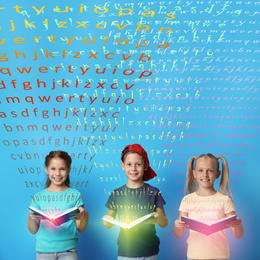 Image of Group of little children reading books on blue background