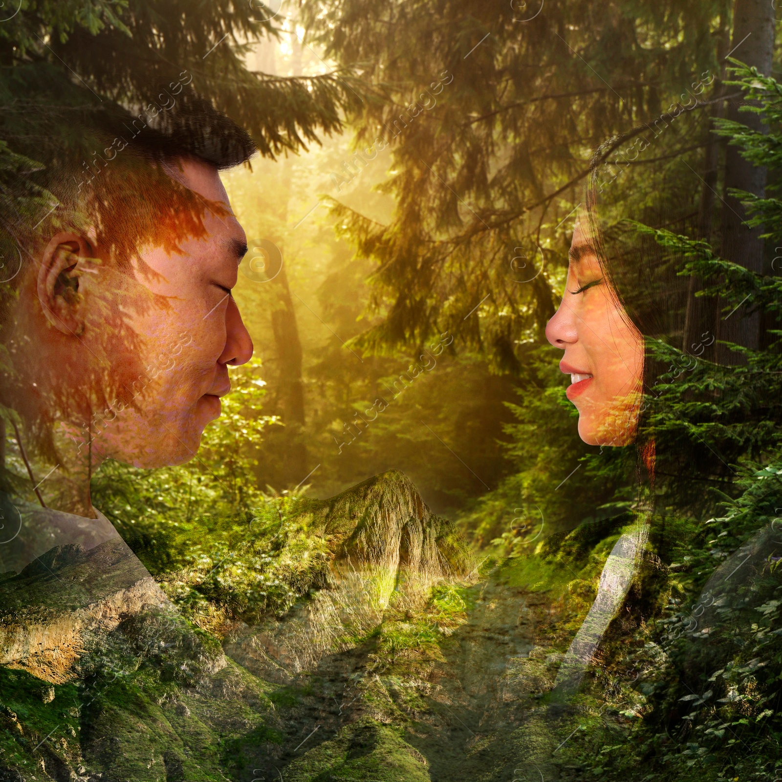 Image of Double exposure of affectionate couple, mountains and beautiful forest