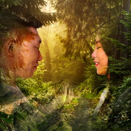 Double exposure of affectionate couple, mountains and beautiful forest