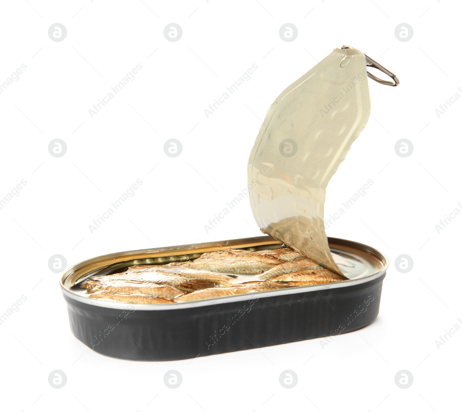 Photo of Open tin can of sprats isolated on white